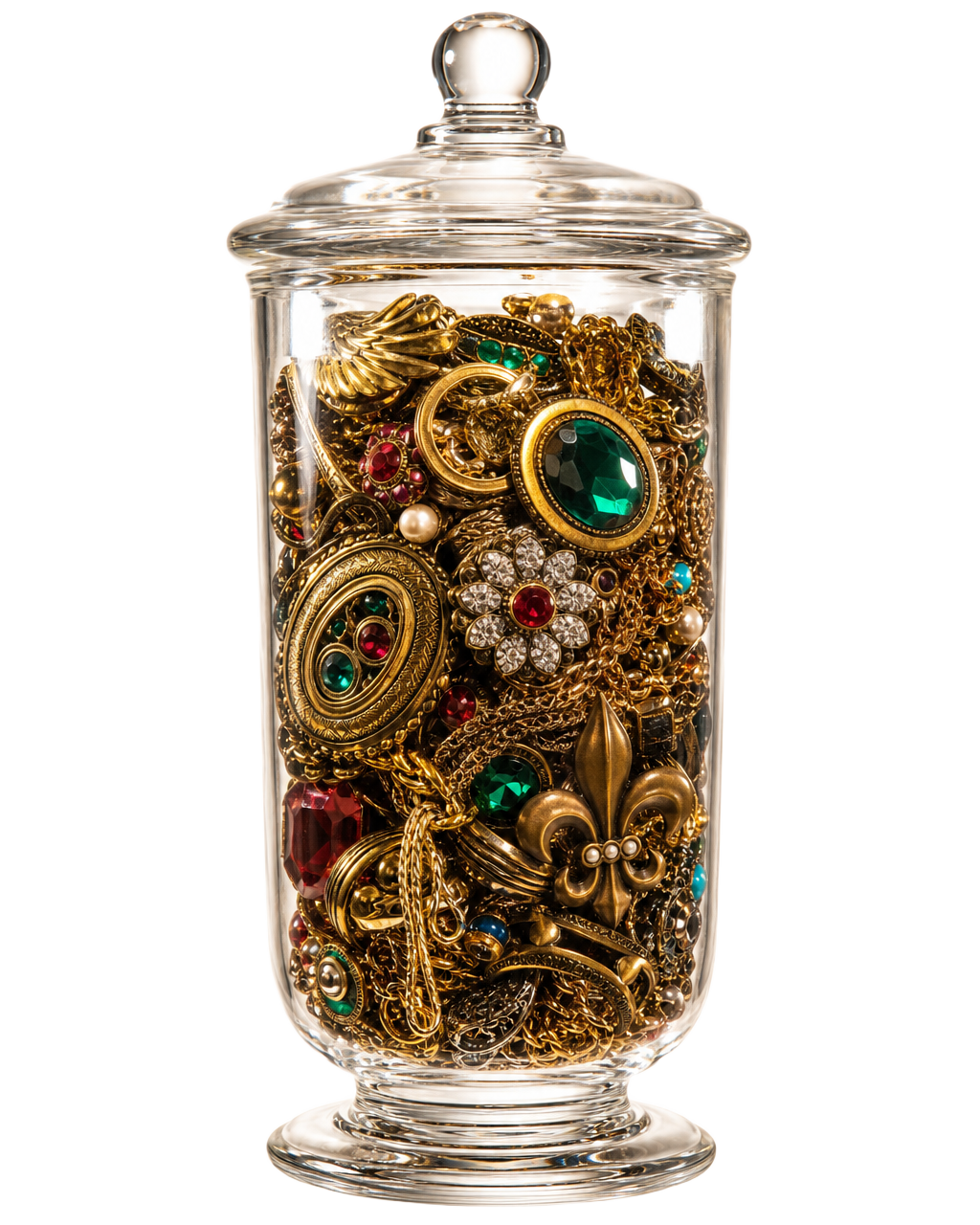 Glass jar packed with vintage-style fashion jewelry
